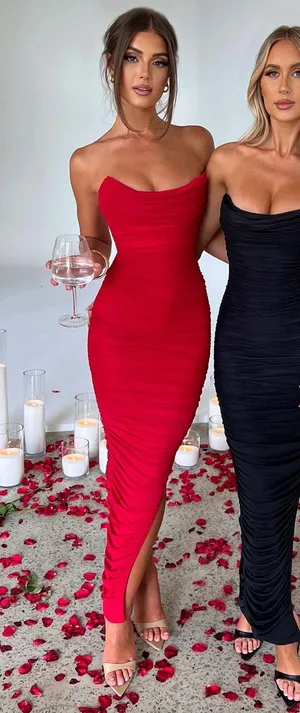 NWT Babyboo Demi Red Ruched High Side Slit Strapless Bodycon Maxi Dress Size M thumbnail 1