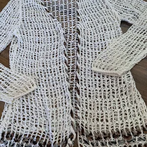 Katie Todd Weave Crochet Cardigan Boho Sz M Medium Cover Up White Ribbon Trim thumbnail 4
