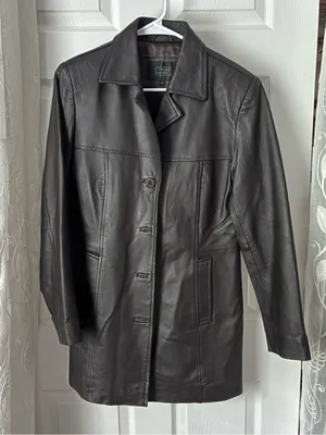 Clueless vintage mid-length black leather coat jacket button-up front women sz M thumbnail 2