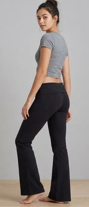 VTG Y2K Aerie Fold Over Flare Athletic Lounge Leggings Black Medium thumbnail 1