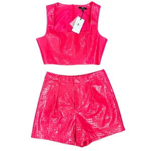7 For All Mankind Hot Pink Vegan Leather Crocodile Crop Top Shorts Set M NEW Tag thumbnail 2