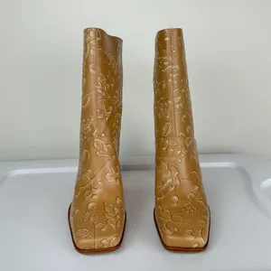 NEW Y2K Amanda Smith Leather Square Toe Heeled Boots Sz 6.5 Tan Floral thumbnail 4