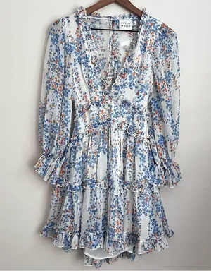 Hello Molly blue Floral Tiered Cutout Dress long sleeve flowy babydoll XS thumbnail 3