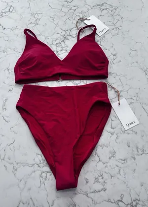 NWT Quince Cherry Red Italian V Neck Bikini Top & High Rise High Leg Bottom Set thumbnail 1