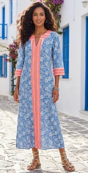 NEW Tuckernuck Blue Chintz Maxi Abstract Caftan Size Medium thumbnail 1