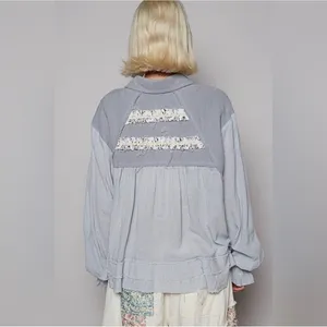 POL Button Down Top Women Medium Blue Good‎ Floral Ruffle Raw Hem UWT503 thumbnail 2