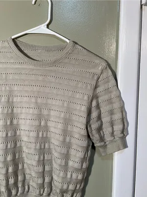 Women's Crewneck Short Sleeve Sweater Beige Pointelle Striped‎ Knit Ribbed Hem thumbnail 5