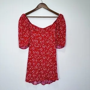 Reformation Red Puff Sleeve Mini Dress Bustier‎ Ditsy Floral Milkmaid Party Date thumbnail 8