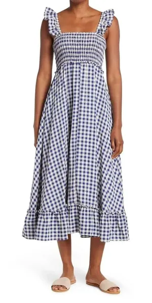 Max Studio London Blue Gingham‎ Smocked Cottagecore Midi Dress NWT M thumbnail 1