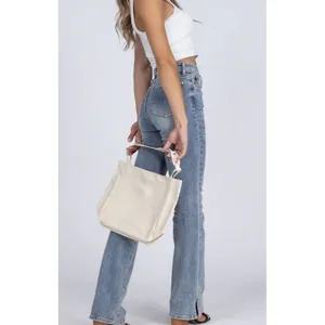 Simple Trendy Cream Vegan Leather Shoulder Bag Rivet Snap Closure‎ Minimalist thumbnail 2