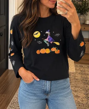 NWT Embroidered Halloween Witch Top 🎃 Size L Black Size L thumbnail 1