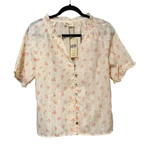 Easy Clothes Floral Eyelet Button Down Blouse Cream Peach S/M Short Sleeve thumbnail 2