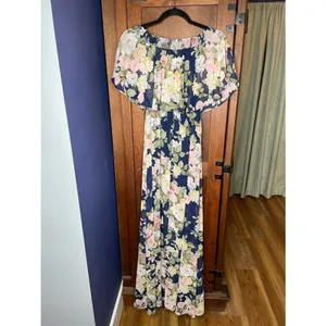Show Me Your Mumu Hacienda Maxi Dress Small Navy Floral Off Shoulder Boho Resort thumbnail 6
