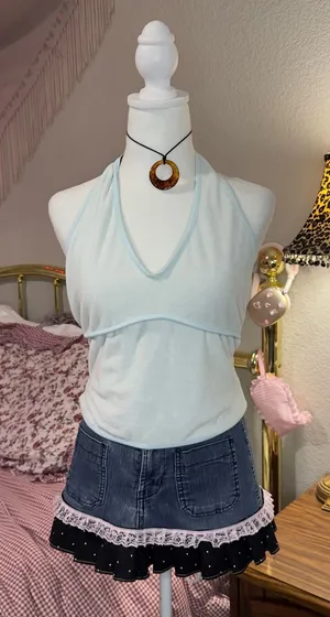Y2K Terrycloth Light Blue Halter V-Neck Women's Tank Top thumbnail 1