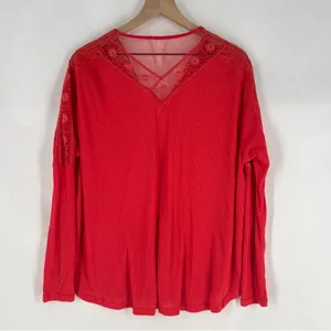 Free People Vibrant Red‎ Ribbed Lace Trimmed Dolman Sleeve Blouse Size M thumbnail 9