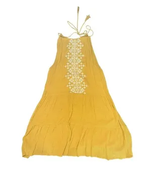 Aeropostale Yellow Embroidered Mini Dress With Tie back and Tassels // s… thumbnail 1