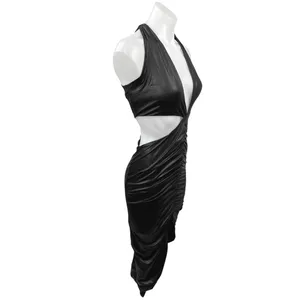 Oh Polly Black Faux Leather Halter V-Neck Cutout Ruched Mini Bodycon Dress Sz 2 thumbnail 3