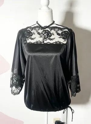 Vintage 90s Black Lace Top Small Satin Gothic Grunge Whimsigoth thumbnail 1