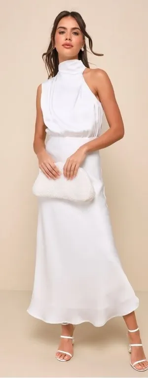 LULU's Bridal HIneymoon Engagement White Satin Modest Halter Mermaid Midi Dress thumbnail 1