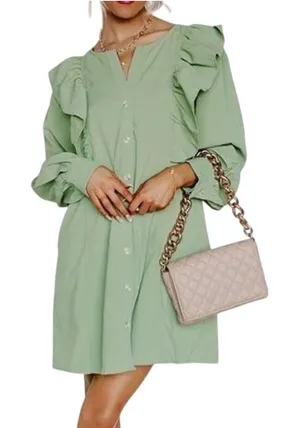 Entro Porch Swing Sips Mini Dress Pear Green Ruffle Button Front Small‎ NWT thumbnail 1