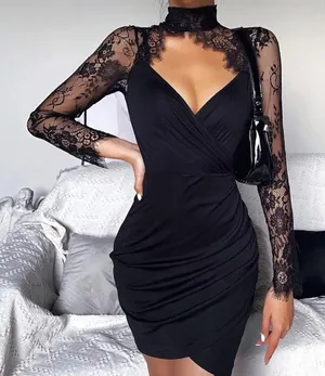 Women's Black Mock Neck Long Lace Sleeve Cocktail Mini Dress Size Large thumbnail 1