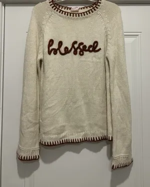 NWT Women’s Size Small Cream 'Blessed' Knit Crewneck Sweater Fall Thanksgiving thumbnail 1