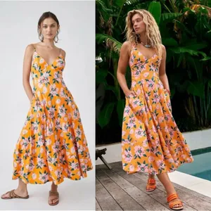Free People Finer Things Printed Halter Midi Dress Sunshine Combo Tropical Large thumbnail 10