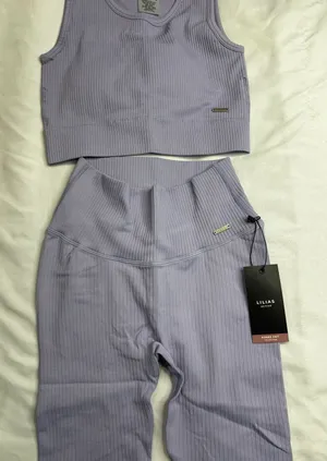 Lilias Active Ribbed Knit Set Lilac Longline Sports Bra and Bike Shorts Small thumbnail 1