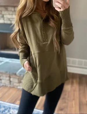 BUCKET LIST Boutique Olive Henley snap hoodie thumbnail 7