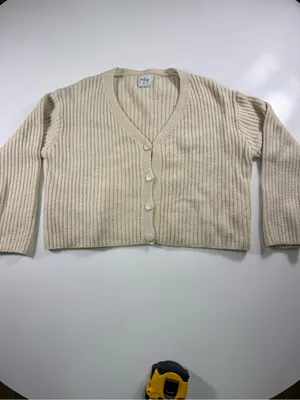 Polly Wool Blend V-Neck Cream Ribbed Button Cardigan Sweater thumbnail 2