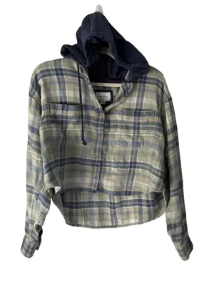 American Eagle Outfitters Plaid Cropped Shirt Jacket Hoodie Blue‎ Green Womens L thumbnail 1