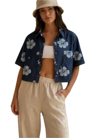 palmwave hawaii denim island tropical shirt hibiscus print vacation Coastal thumbnail 1
