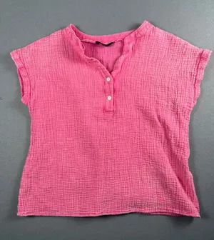 Dokotoo Womens Pink Cotton Gauze Henley Short Sleeve Crinkle Top Large L thumbnail 1
