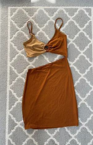 Brown Color Block Cut Out O Ring Mini Dress thumbnail 3