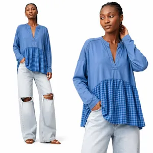Anthropologie Pilcro Boho Blue Long-Sleeve Babydoll V-Neck Gingham Medium Top thumbnail 2