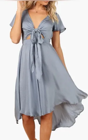 Petal & Pup Amanda High-Low Satin Tie-Front Dress - Dusty Blue Size 8 EUC thumbnail 1