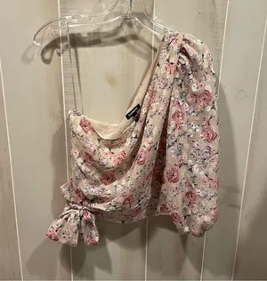 Cute creamy blush floral ruffle crop silky 1 shoulder crop top mermaid fairy thumbnail 1