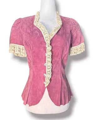 Vintage Pink Suede Lace Trim Western‎ Prairie Blouse Peplum Romantic Leather Top thumbnail 1