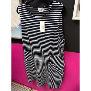 Leota Striped Ponte Sleeveless Shift Dress Navy White Pockets 3L NWT Made in USA thumbnail 4
