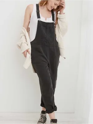 Aerie Corduroy Overalls Women Large Charcoal Gray Relaxed Straight Leg Raw Hem thumbnail 2