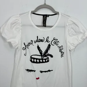 Forever 21 Y2K White Graphic Tee with Puff Sleeves French Dancer Beaded Size Medium thumbnail 3