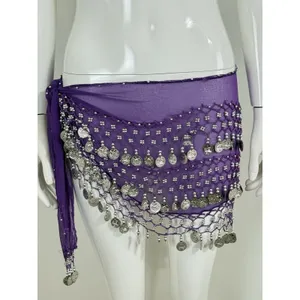 Belly Dance Hip Scarf Coin Belt Purple Chiffon Gold Coins Festival Costume thumbnail 2