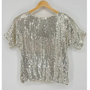 Vintage Elegance by Anujan 100% Silk Sequin Top Small Beaded White‎ Silver Party thumbnail 4