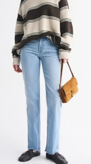 Abercrombie & Fitch Curve Love Mid Rise Straight Raw Hem Jean thumbnail 1