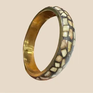VTG Bone Mosaic Brass Bangle | African Statement Bracelet | Handmade Bone Inlay Brown thumbnail 7