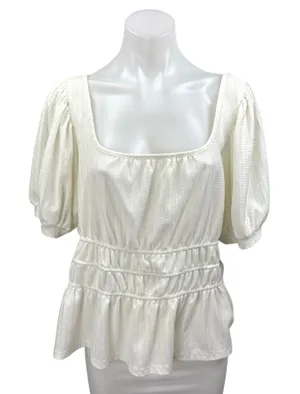 Anthropologie Maeve White Short Puff Sleeve Scoop Neck Peplum Blouse Top Size XL thumbnail 1