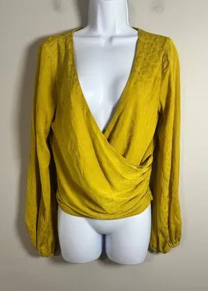Anthropologie Mustard Floral Jacquard Surplice Balloon Sleeve Wrap Blouse Size S thumbnail 1