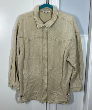 12th Tribe‎ Tan Lightweight Denim Shirt Jacket western distressed Yellowstone thumbnail 1