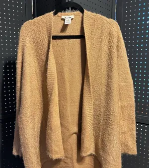Kye Mi Fuzzy Open Front Cardigan Sweater Tan Medium Soft Cozy thumbnail 1