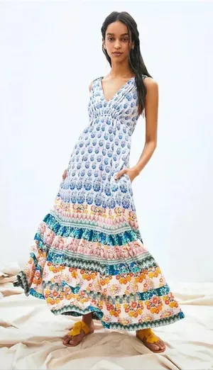 Anthropologie GATHERED MAXI DRESS Tiered Boho Printed Floral Lined Bohemian thumbnail 1